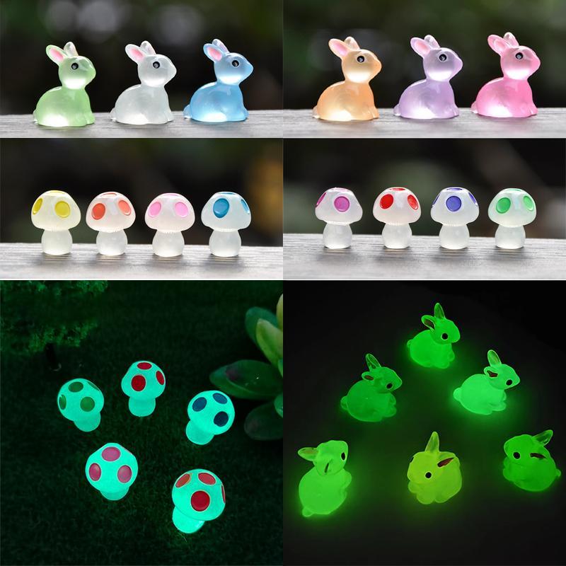 Random Color Glow in The Dark Mushroom & Rabbit Design Resin Ornament, 20pcs Mini DIY Decoration, DIY Accessories for Car, Garden, Party