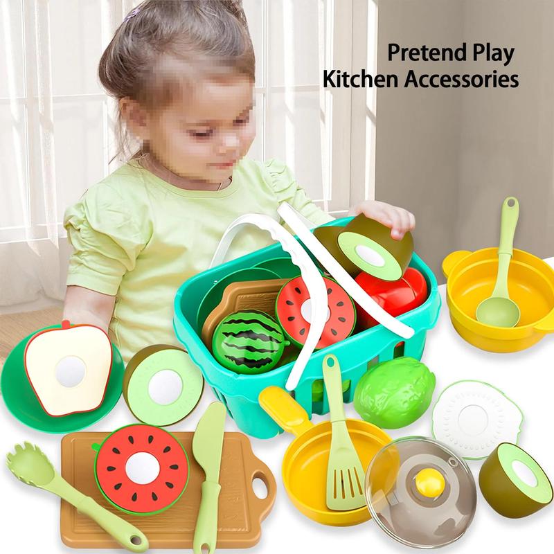 17 Pcs Pretend Play Kitchen Accessories Toys Set,Plastic Fruits with Basket Cutting Food Toys Play Set Gifts for 3+Years Old Girls Boys