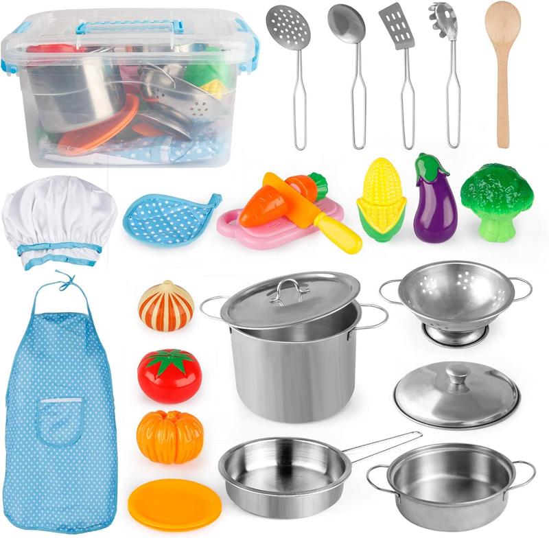 D-FantiX Play Kitchen Accessories, Kids Play Pots and Pans Playset  Pretend Play Cooking Toys, Cookware Utensils, Apron and Chef Hat, safe culinary tools for Kids 3-12,foster Skills&Fun