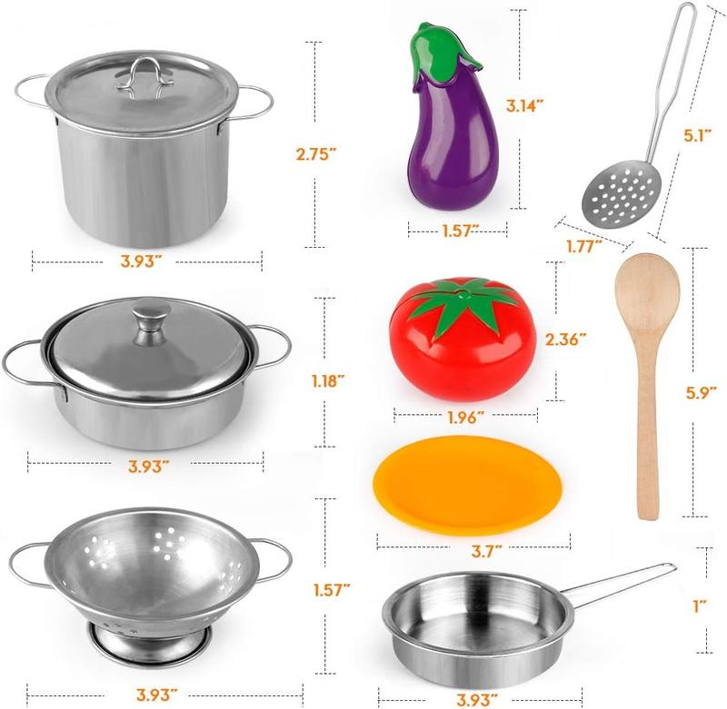 D-FantiX Play Kitchen Accessories, Kids Play Pots and Pans Playset  Pretend Play Cooking Toys, Cookware Utensils, Apron and Chef Hat, safe culinary tools for Kids 3-12,foster Skills&Fun