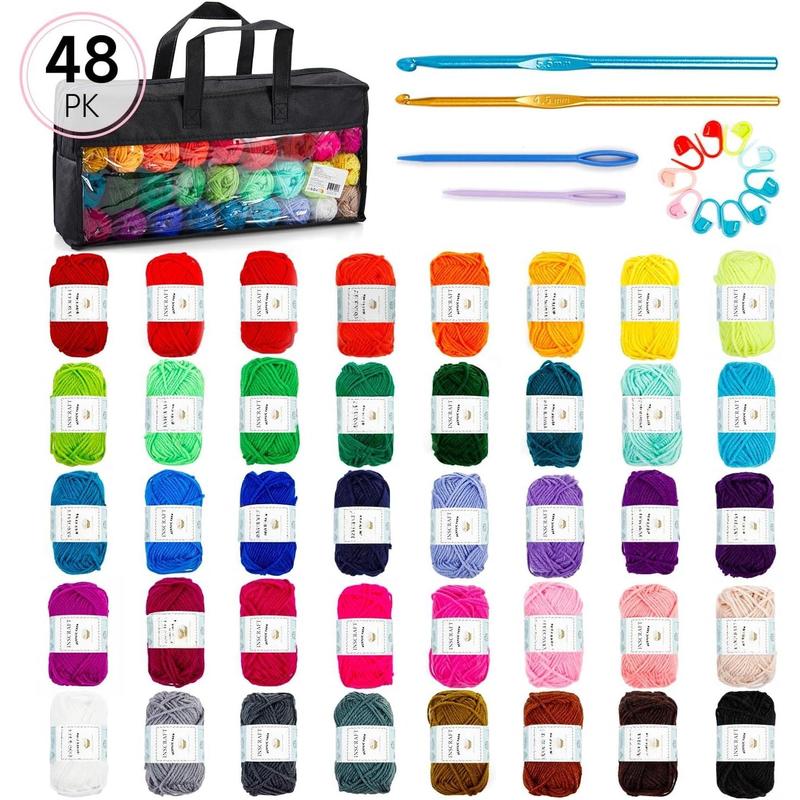 48 count Crochet Yarn Kit, 1400 Yards 40 Colors  Yarn Skeins, 2 Crochet Hooks, 2 Weaving , 4 Stitch Markers, 1 Bag, for Crocheting & Knitting, Gift for Beginners and Adults