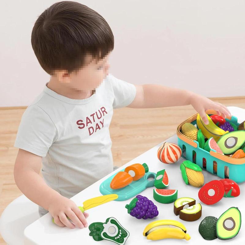 17 Pcs Pretend Play Kitchen Accessories Toys Set,Plastic Fruits with Basket Cutting Food Toys Play Set Gifts for 3+Years Old Girls Boys