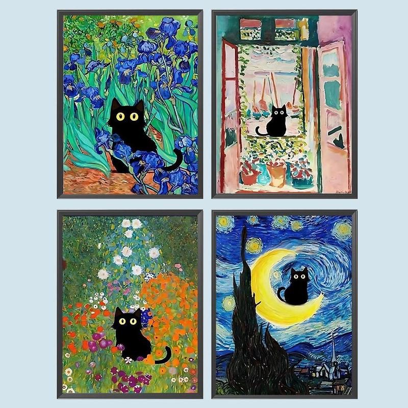 Cat & Flower Pattern DIY Diamond Arts Colorful Painting Kit without Frame, 4 Counts set DIY 5D Diamond Arts Colorful Painting Kit, Wall Art Decor for Home