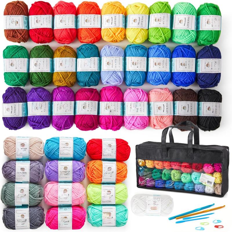 48 count Crochet Yarn Kit, 1400 Yards 40 Colors  Yarn Skeins, 2 Crochet Hooks, 2 Weaving , 4 Stitch Markers, 1 Bag, for Crocheting & Knitting, Gift for Beginners and Adults