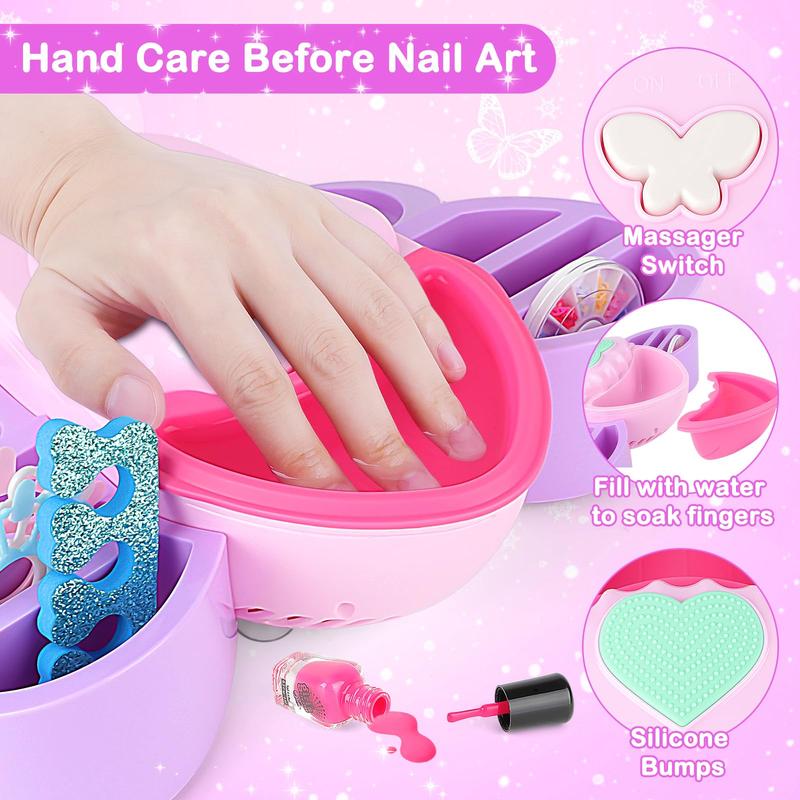 deAO Nail Polish Set Toys, 32 Pcs Washable Pretend Play Makeup Kit with Nail Polish Drye Fake Glitter and Nails Art Accessories, Safe Cosmetic Toys Gifts