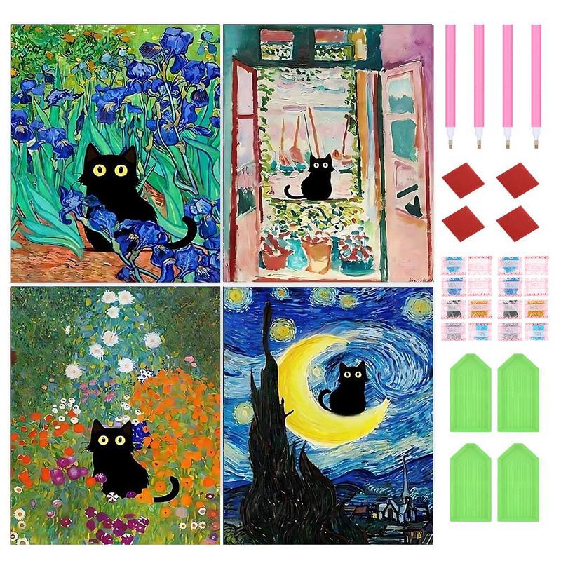 Cat & Flower Pattern DIY Diamond Arts Colorful Painting Kit without Frame, 4 Counts set DIY 5D Diamond Arts Colorful Painting Kit, Wall Art Decor for Home