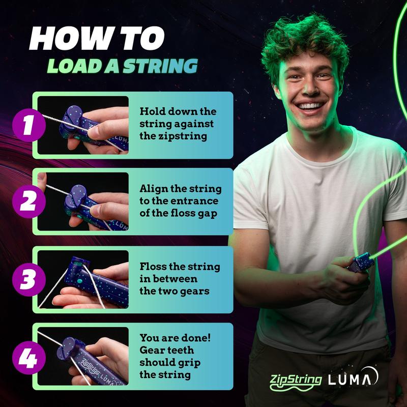 ZipString® Luma The Patented Glow-in-The-Dark Toy That Flies a Loop of String, Creates Endless Shapes and Tricks. Built-in LED for Glowing Fun. Perfect STEM Gift for Kids & Adults. Wonderment Awaits