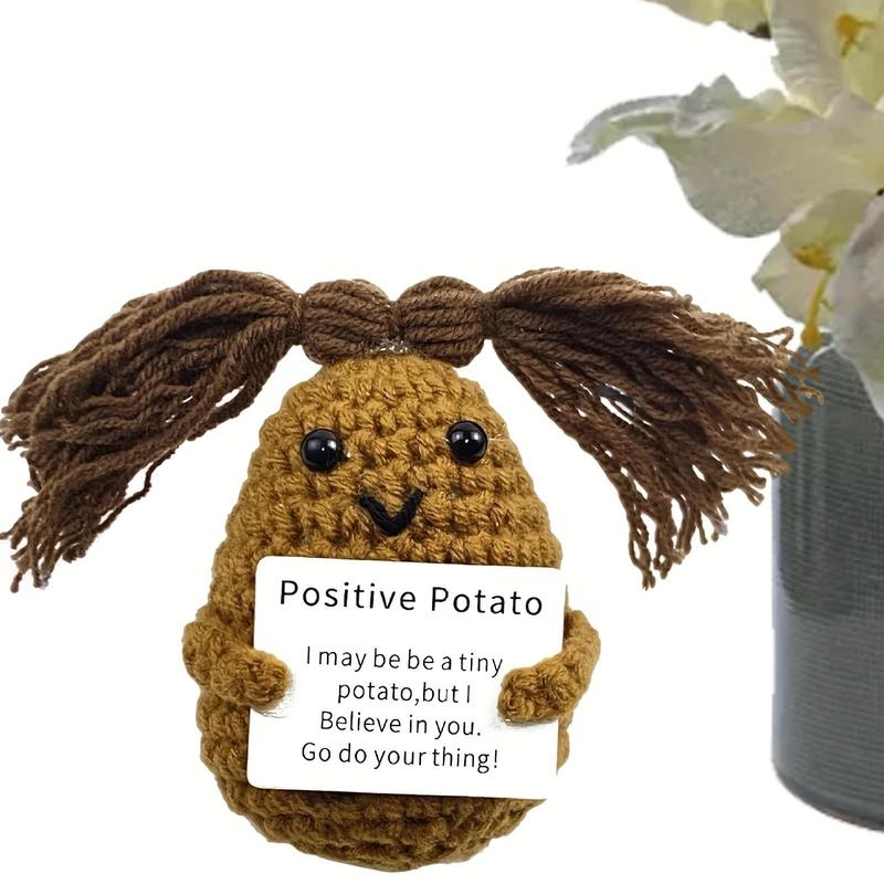 Cute Positive Potato Design Crochet Doll Ornament, Creative Knitted Potato Toy with Positive Card, Home Decor Supplies for Living Room Bedroom, Birthday Gift Ideas