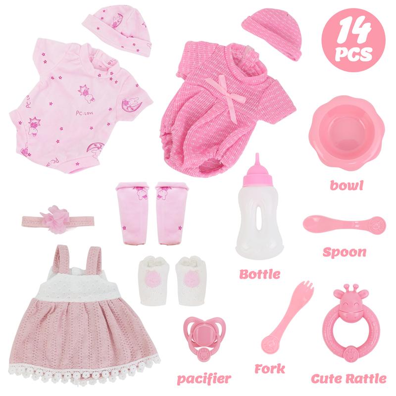 14 Inch Baby Doll Clothes Accessories Set, Reborn Soft Body Baby Doll Set with Cap, Socks, Bottles, Toy Rattles, Pacifiers