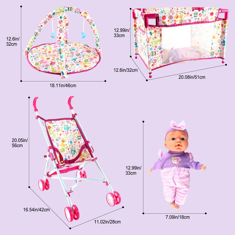 deAO Doll Stroller Nursery Role Play Set with a Variety of Feeding Toy and Play Mat Travel Cot Carrier Stroller and Travel Bag