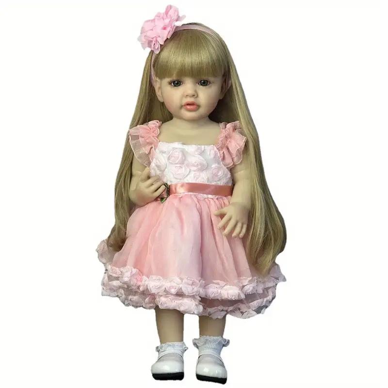 55cm 22inch Realistic Lifelike Reborn Baby Soft Silicone Girl Doll Long Brown Hair Princess Toddler Bebe Toy Birthday Gift