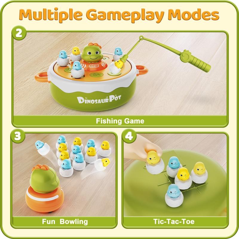 4 IN 1 Dinosaur Pop Up Board Games for Kids Magnetic Fishing Turntable Rotating Music, Dino Car Tic-Tac-Toe Developmental Toys , Dinosaur Bowling & Rolling Car Toys, Boy Girl Birthday Gift Family Operation Games