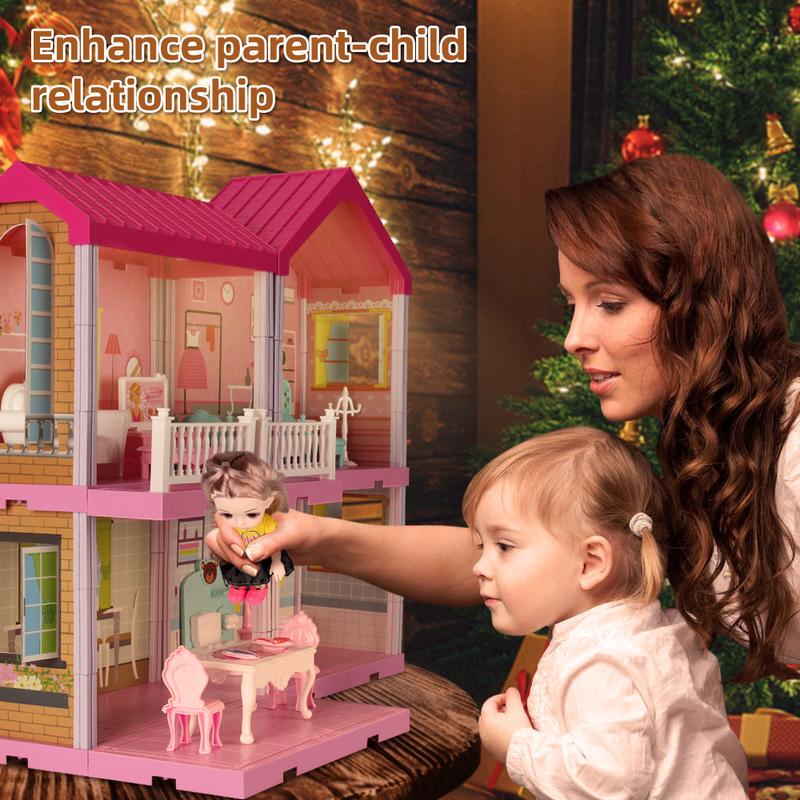 Dollhouse Building Toys, Princess Doll House, Playset with Lights, Furniture, Accessories,Cottage Pretend Doll House Set, Present for Girls Toddlers