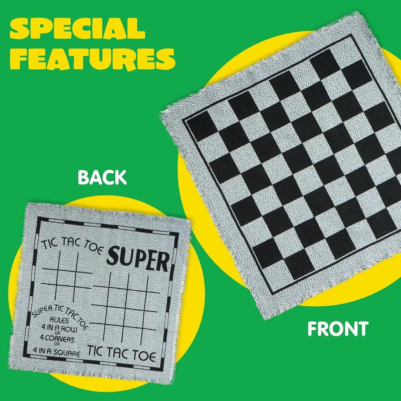  3-in-1 Vintage Giant Checkers and Tic Tac Toe Game with Reversible Mat, 24 Chips, Family Board Game, Lawn Game, BBQ Party Favor, Indoor and Outdoor Activity for Kids and Adults