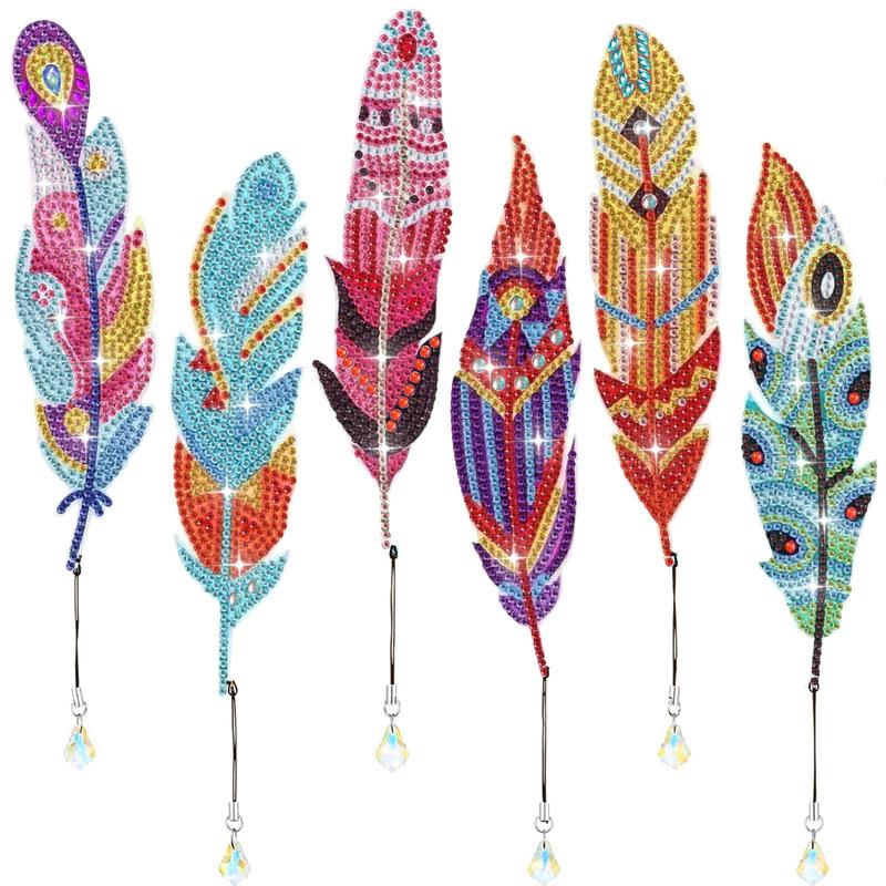 Feather Design DIY Diamond Arts Painting Bookmarks, 6 Counts set DIY Diamond Art Paint Bookmark Kit, DIY Decorative Bookmarks for Readers