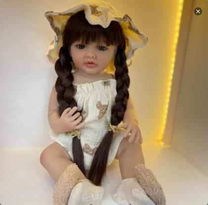 55cm 22inch Realistic Lifelike Reborn Baby Soft Silicone Girl Doll Long Brown Hair Princess Toddler Bebe Toy Birthday Gift