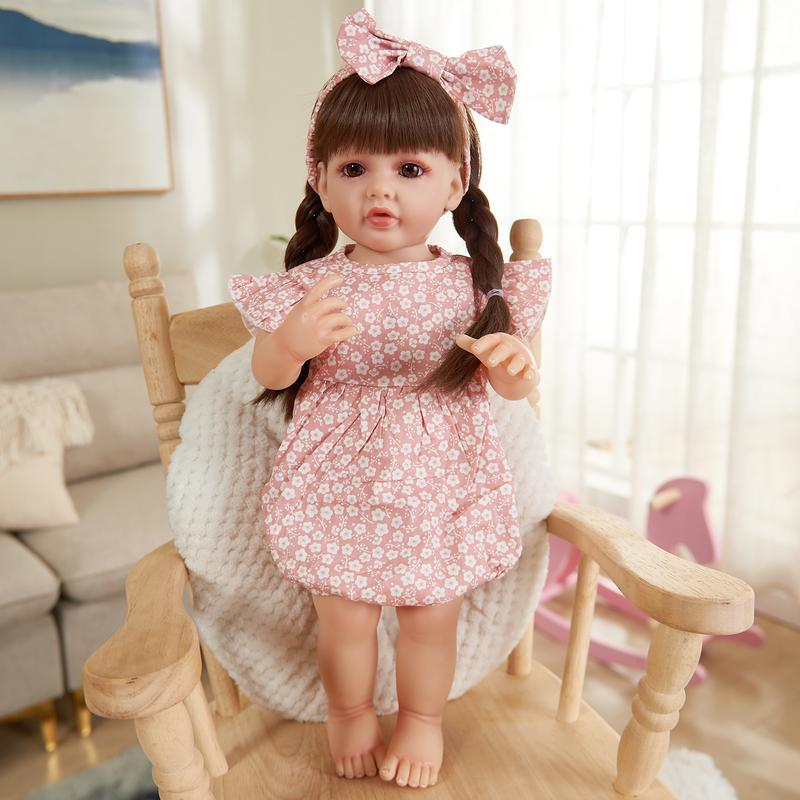 55cm 22inch Realistic Lifelike Reborn Baby Soft Silicone Girl Doll Long Brown Hair Princess Toddler Bebe Toy Birthday Gift