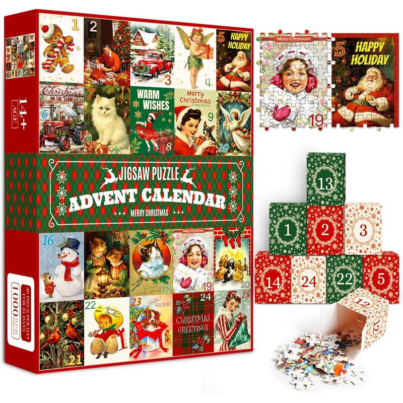 Vintage Puzzle Advent Calendar 2024 Adults Teens, 1000 count Christmas Jigsaw Puzzles Countdown Calendar for  Xmas Suprise Gifts for Family Friends