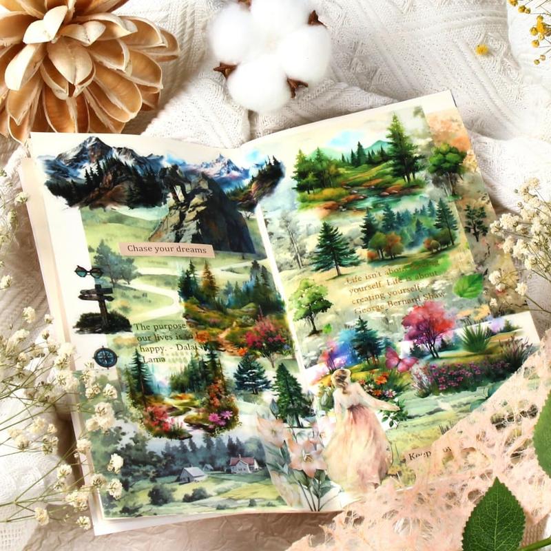 54 Sheets  Forest Mountain Lake Outdoor Landscape Scrapbooking Kit, Precut PET Washi Stickers with Scrapbook Paper for Junk Journaling, Scrapbook Supplies, Bujo, Planner