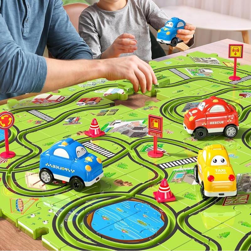 64 pieces brand new plastic puzzle, car track toy set with 3 cute vehicles, puzzle track toy set gift, educational toy for thinking, birthday, holiday toy