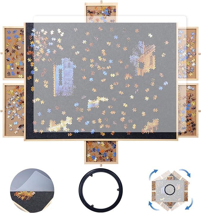 1000 Piece Wooden Jigsaw Puzzle Board 6 Drawers 30”X 22”Rotating Puzzle Table|Felt Cushion Felt Surface and Translucent Cover Mat，360°Turntable Portable Puzzle Tables for Adults and Kids