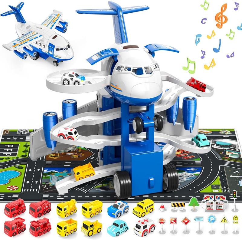 Blue Transport Cargo Airplane Toys, Airplane Car Toy Play Set includes Track, 12mini Play Vehicles, with Music and Light, Christmas gifts, birthday gifts