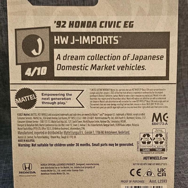 Hot Wheels ZAMAC HW J-Imports '92 HONDA CIVIC EG 4 10