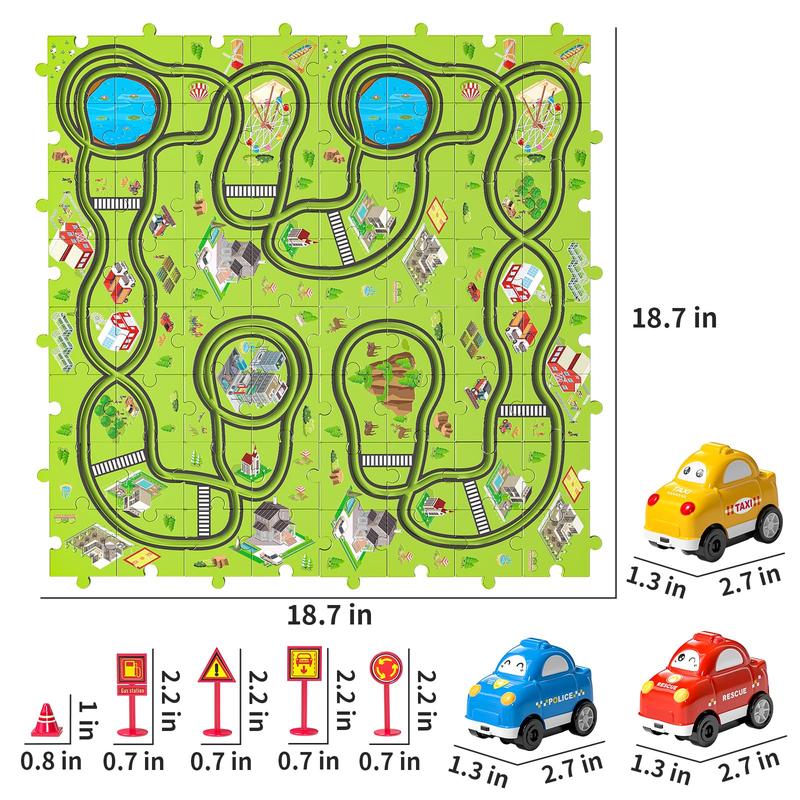 64 pieces brand new plastic puzzle, car track toy set with 3 cute vehicles, puzzle track toy set gift, educational toy for thinking, birthday, holiday toy