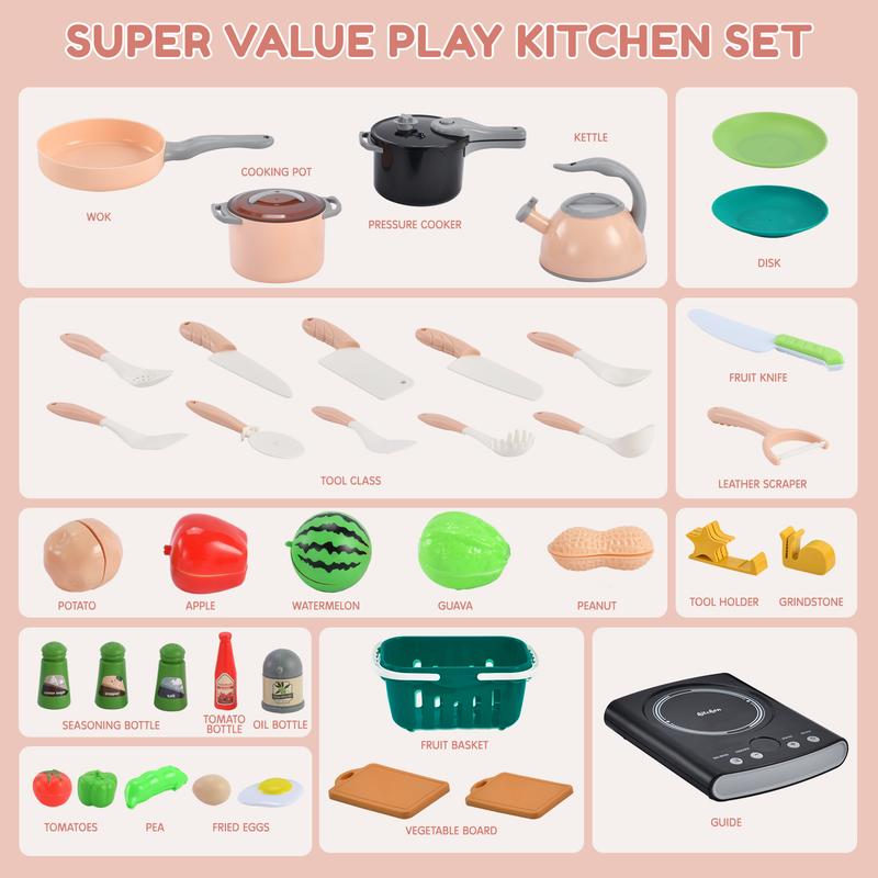 Kids Play Food Set Toy with Pots Pans and Cookware Utensils,Cooking Cutting Learning  Gift for Girls Boys