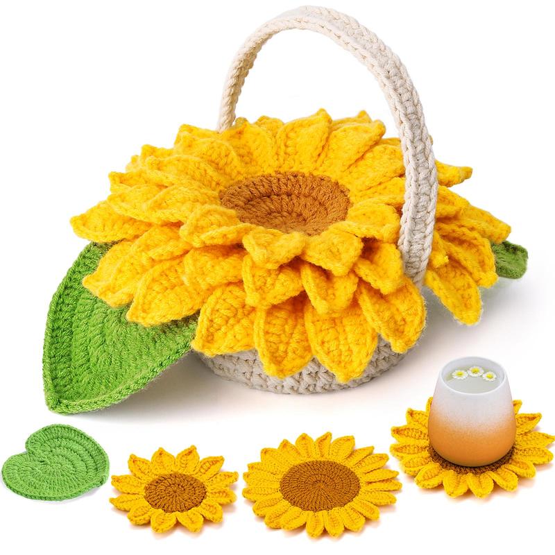 Sunflower Crochet Kit, 5 Counts Cup Coaster Crochet Kit, DIY Handmade Knitting Kit, DIY Knitting Supplies for Adults, Beginners, Craft Supplies