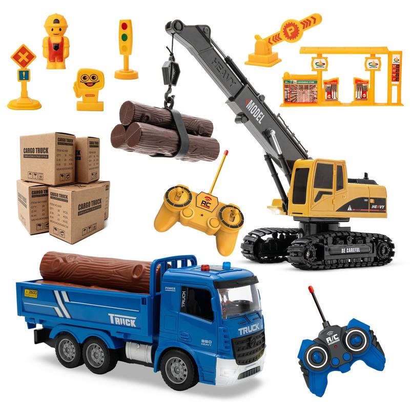 Remote Control Construction Vehicle Toy Set, 1 Set Crane & Truck Toy with Scene Accessories, Creative Car Toy for Birthday Gifts