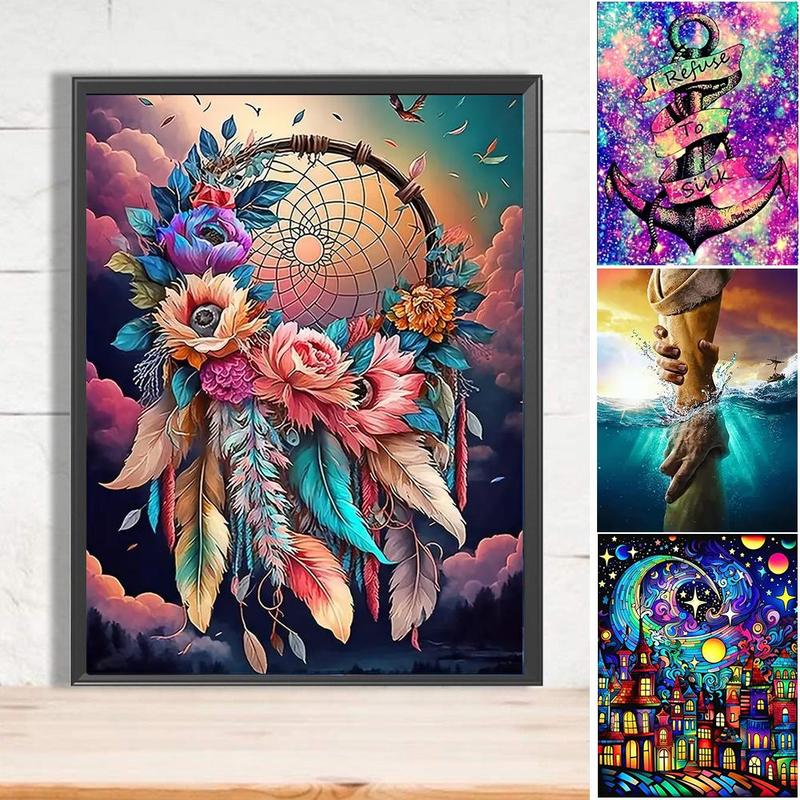 5d Diamond Art Painting Kit (4 Counts set), Dreamcatcher & Hand & Anchor & Moon Pattern Diy Diamond Art Painting, DIY Decor Painting for Bedroom Living Room Office