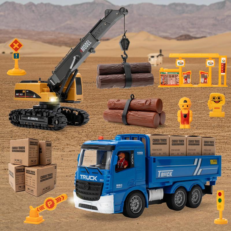 Remote Control Construction Vehicle Toy Set, 1 Set Crane & Truck Toy with Scene Accessories, Creative Car Toy for Birthday Gifts