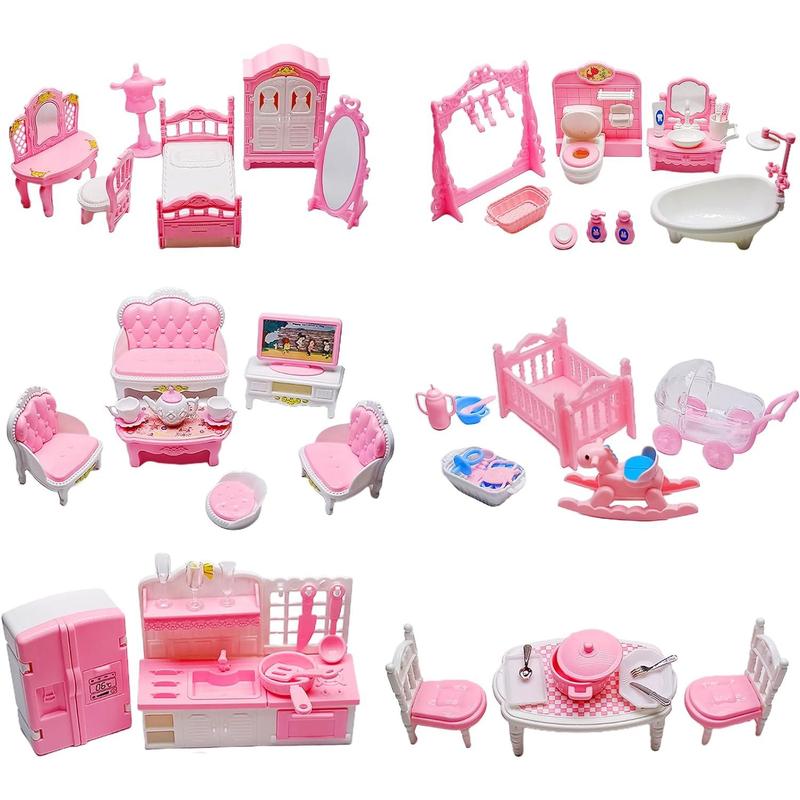 75 Pcs Dollhouse Furniture Set Accessories,Small Dollhouse Miniature Pretend Play Family Toys Gift,Toddler Boy Girl Kid 3Y+ Mini Bedroom Livingroom Bathroom Kitchen Infant Room Kit