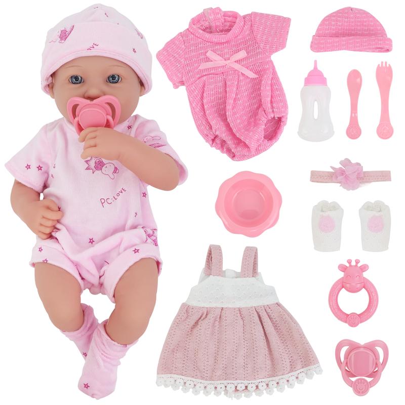 14 Inch Baby Doll Clothes Accessories Set, Reborn Soft Body Baby Doll Set with Cap, Socks, Bottles, Toy Rattles, Pacifiers