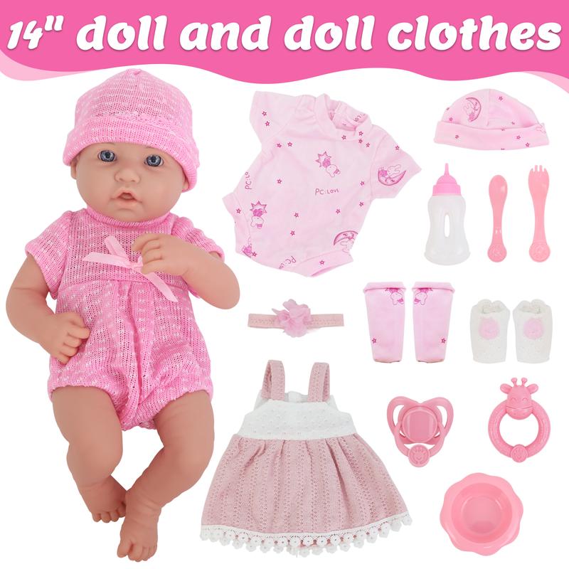 14 Inch Baby Doll Clothes Accessories Set, Reborn Soft Body Baby Doll Set with Cap, Socks, Bottles, Toy Rattles, Pacifiers