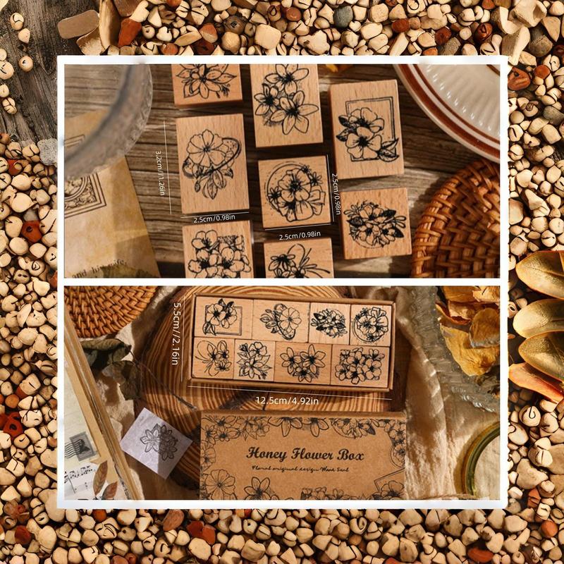 Flower Pattern Wooden Stamp (8 Counts box), Vintage Flower Design Stamp, DIY Scrapbooking Decoration Supplies for Gift Wrapping