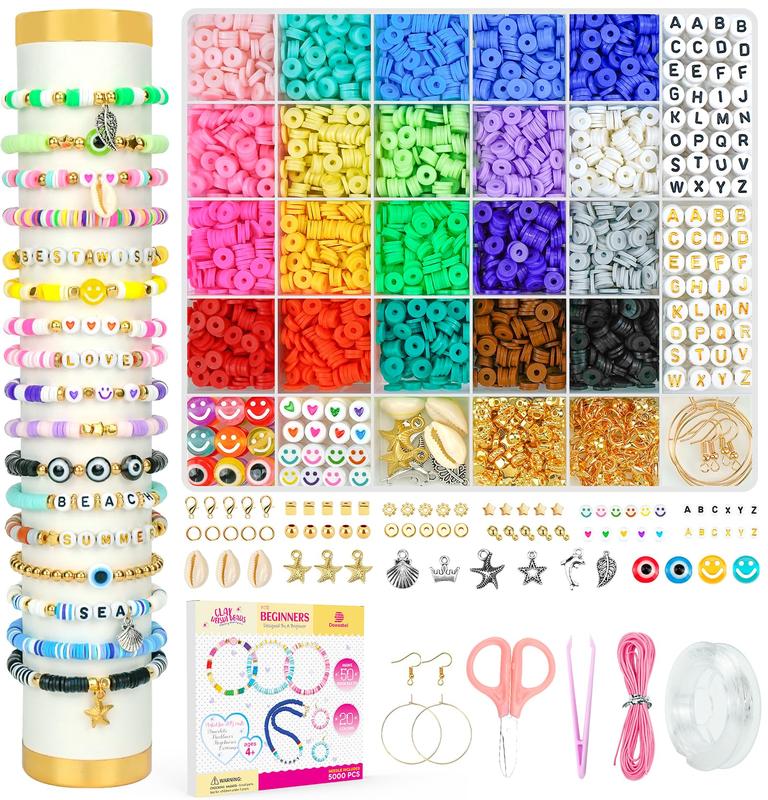 Clay Beads Bracelet Making Kit for Beginner5000Pcs Heishi Flat Preppy Polymer Clay Beads with Charms Kit for Jewelry Making, DIY Arts and Crafts Birthday Gifts Toys for Kids Age 6-12