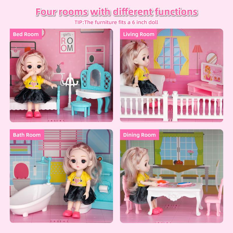 Dollhouse Building Toys, Princess Doll House, Playset with Lights, Furniture, Accessories,Cottage Pretend Doll House Set, Present for Girls Toddlers