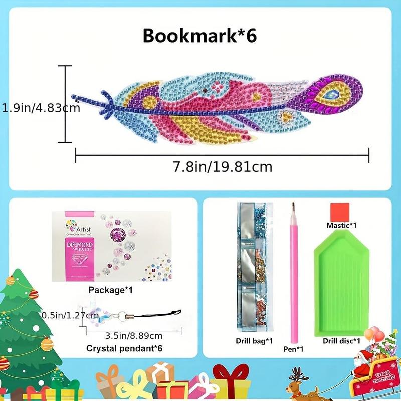 Feather Design DIY Diamond Arts Painting Bookmarks, 6 Counts set DIY Diamond Art Paint Bookmark Kit, DIY Decorative Bookmarks for Readers