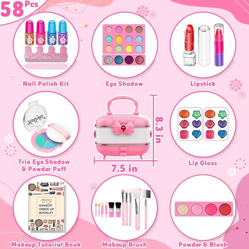 Hollyhi 58 Pcs Kids Makeup Kit for Girl, Princess Toys Real Washable Cosmetic Set with Mirror, Kids Makeup Sets for Girls, Play Make Up Birthday Gifts for 3 4 5 6 7 8 9 10 11 12 Years Old Kid (Pink)