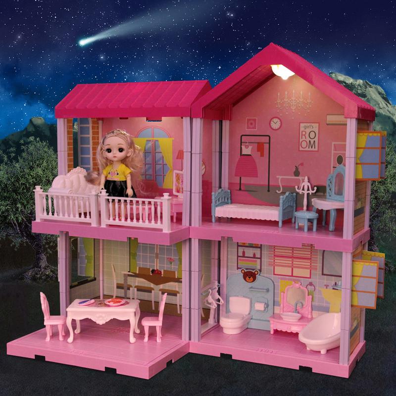 Dollhouse Building Toys, Princess Doll House, Playset with Lights, Furniture, Accessories,Cottage Pretend Doll House Set, Present for Girls Toddlers