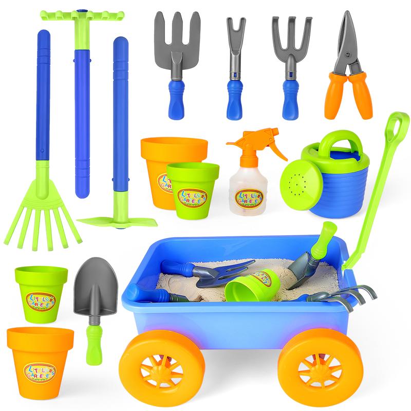 deAO Garden Wagon Wheelbarrow and Gardening Tools Play Set Includes 10 Accessories and 4 Plant Pots, Great Outdoor Toys Gardening Set