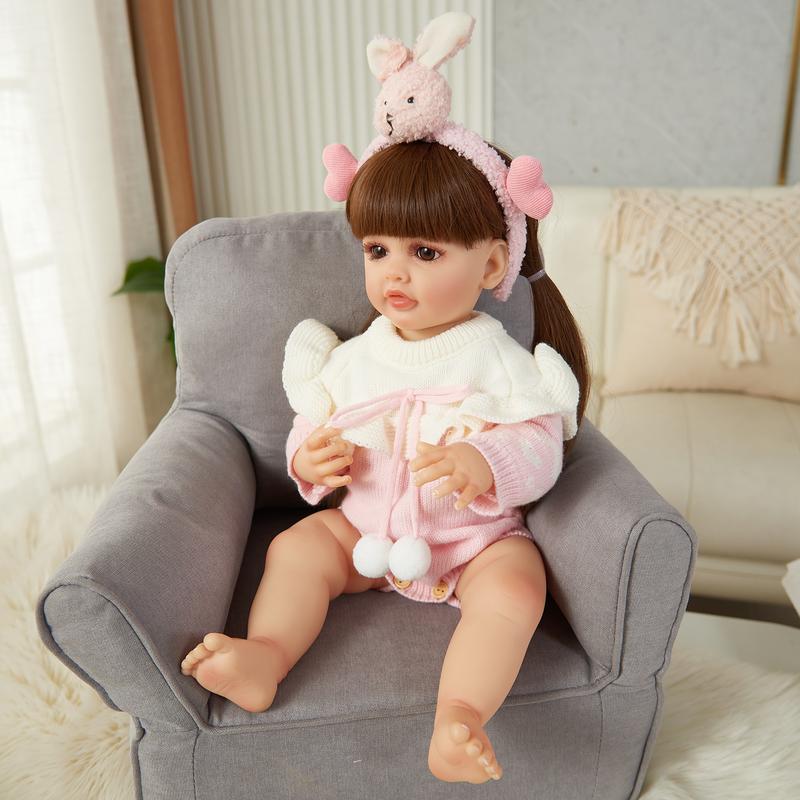 55cm 22inch Realistic Lifelike Reborn Baby Soft Silicone Girl Doll Long Brown Hair Princess Toddler Bebe Toy Birthday Gift