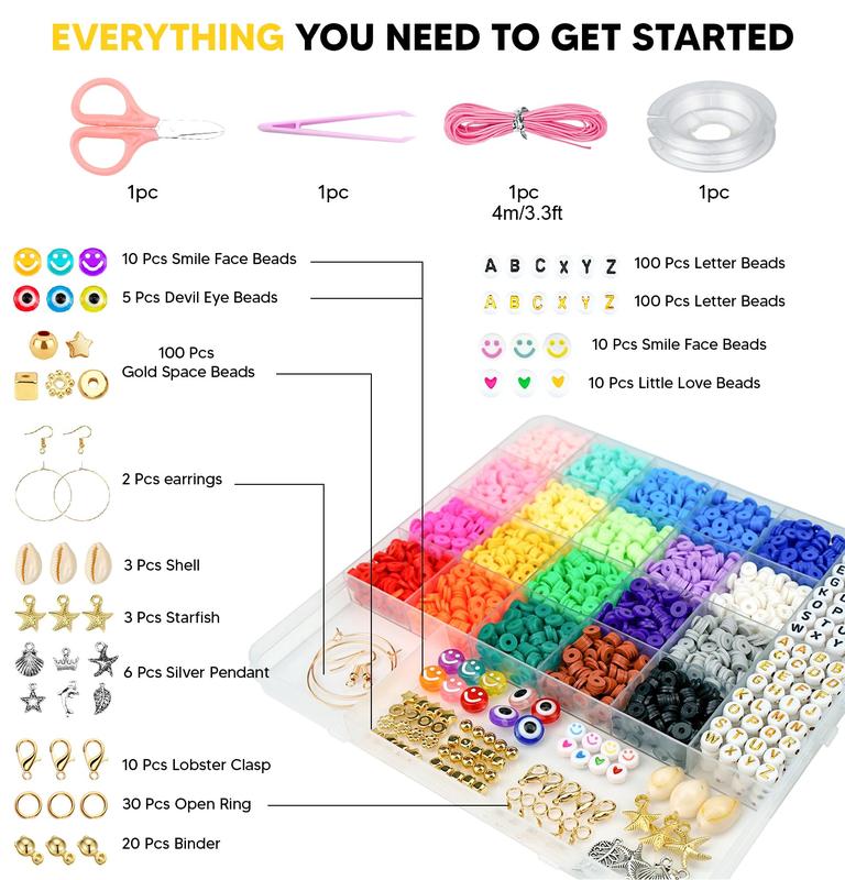 Clay Beads Bracelet Making Kit for Beginner5000Pcs Heishi Flat Preppy Polymer Clay Beads with Charms Kit for Jewelry Making, DIY Arts and Crafts Birthday Gifts Toys for Kids Age 6-12