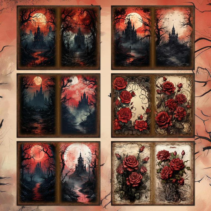 Gothic Castle, Rose, Ghost & Moon Pattern Scrapbook Paper & Sticker Set, 58pcs set Decorative Material Paper & Stickers, Gift Wrapping Paper, Scrapbook & Journal Making Supplies, Scrapbooking Supplies