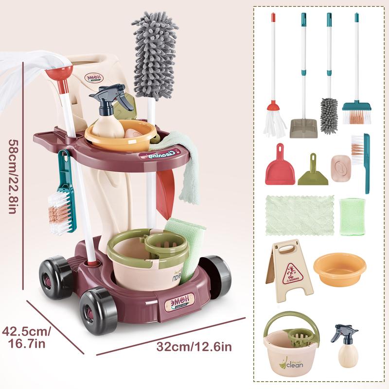 deAO Cleaning Set,Pretend Play Detachable Housekeeping Cart with Broom,Dust Pan,Spray Bottle House Cleaning Tools Toys,Educational Cleaning Carts