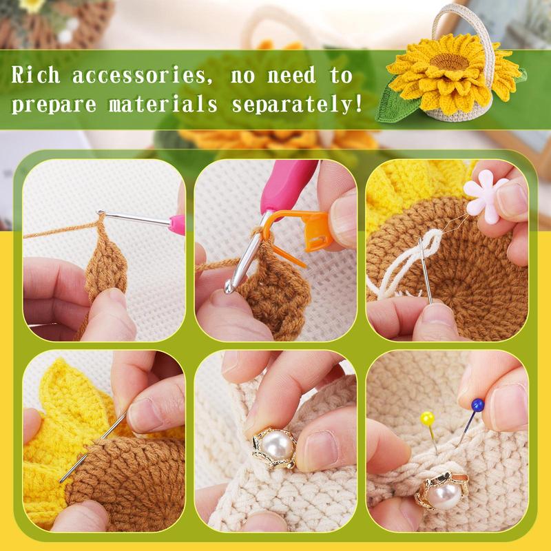 Sunflower Crochet Kit, 5 Counts Cup Coaster Crochet Kit, DIY Handmade Knitting Kit, DIY Knitting Supplies for Adults, Beginners, Craft Supplies