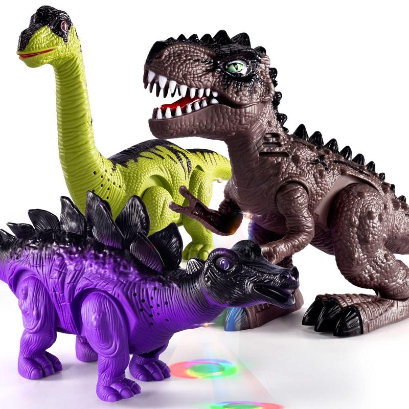 3-Pack Electric Walking Dinosaur Toys with Roaring Sounds and Lights, Realistic Robot T-Rex, Brachiosaurus, Stegosaurus Dinosaur Figures