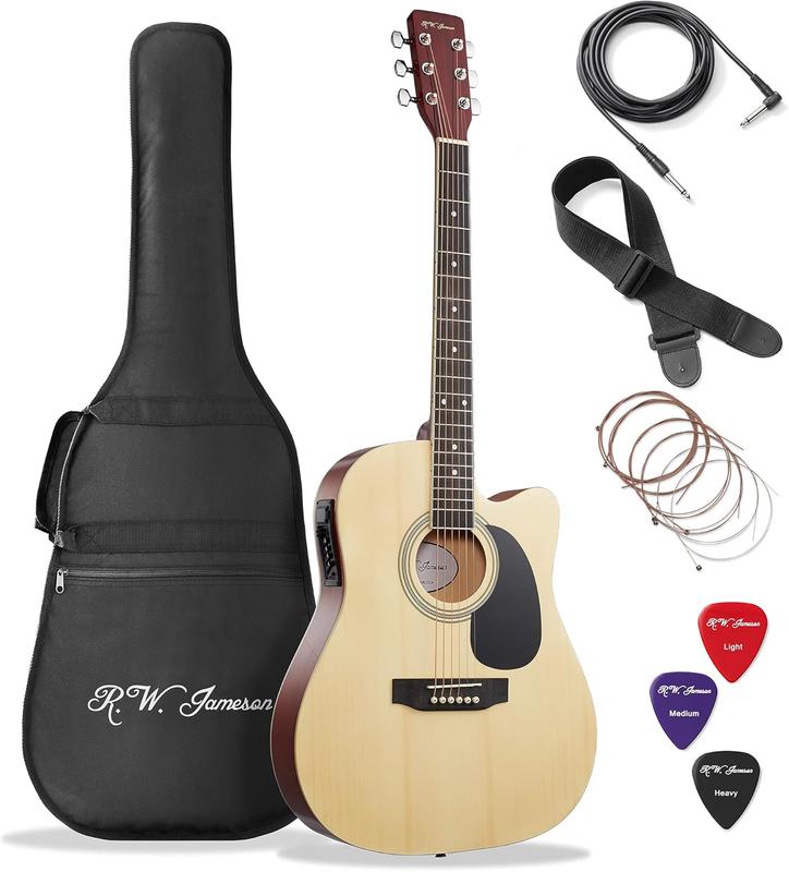 Full Size Thinline Acoustic Electric Guitar with Free Gig Bag Case & Picks Right Handed- Natural, Blue, Red, Black - SUNSET INSTRUMENTS